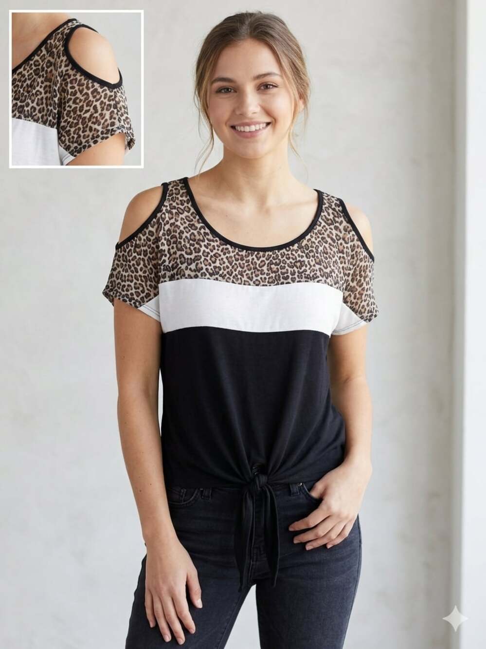Love J Colorblocked Leopard Print Cold Shoulder Tie Front Top Medium